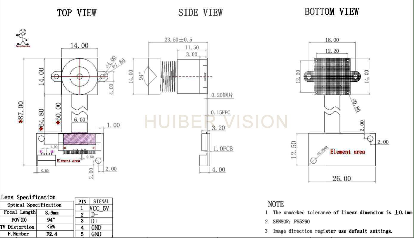 2MP PS5260 1/2.7 60FPS Camera Module With Flexible FPC board